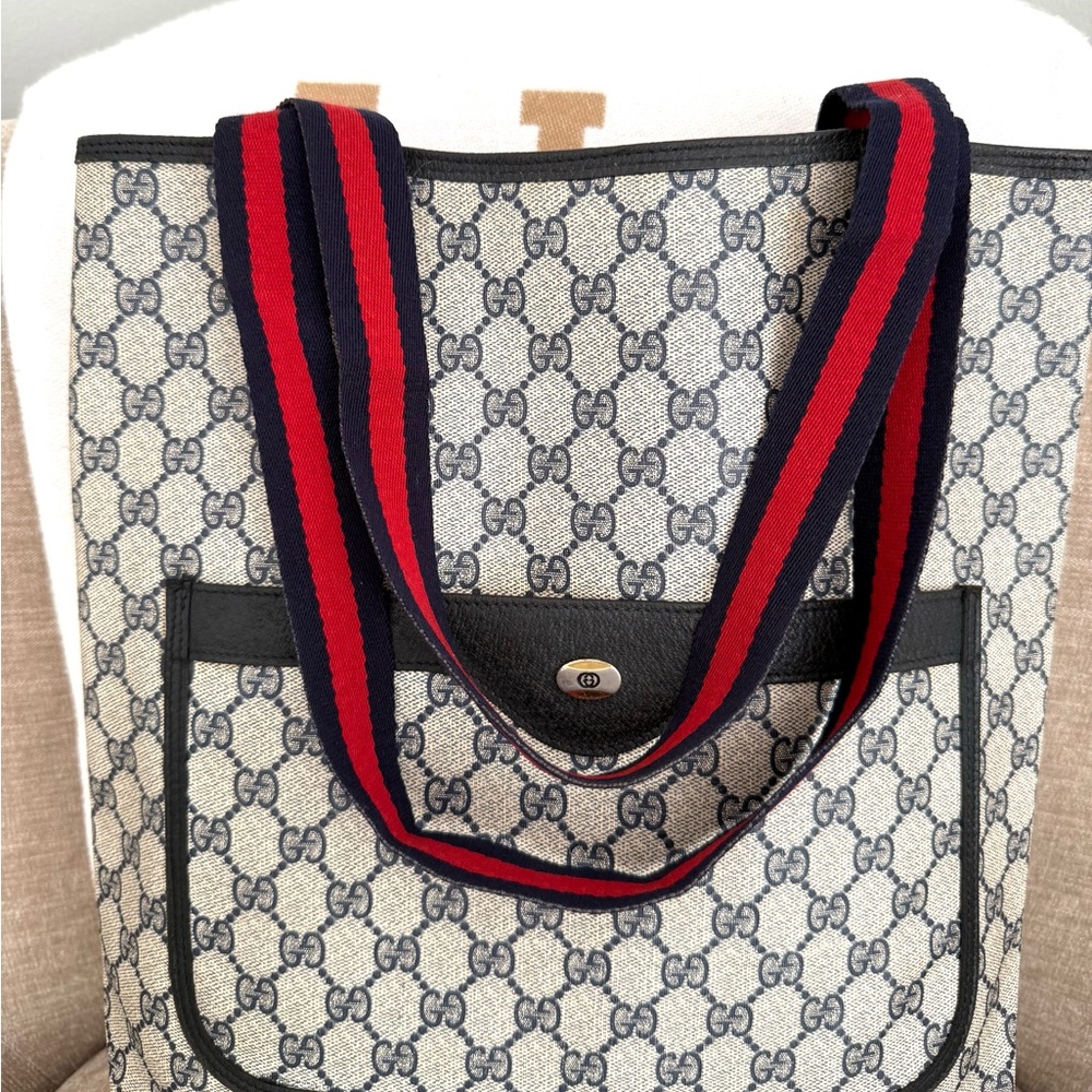 Gucci authentic navy grey monogram coated canvas tote bag ribbon handles - Picture 2 of 16